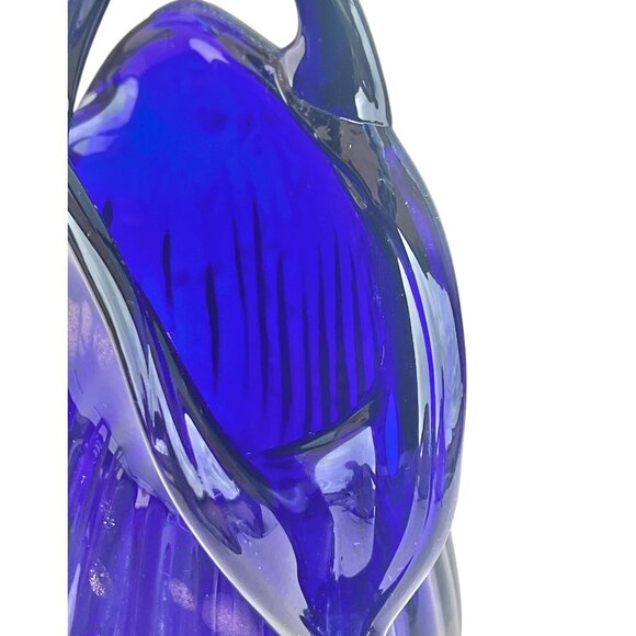 Murano Blown Glass Vase Basket Shape Cobalt Blue With Gold Sparkling Accents - Picture 11 of 15
